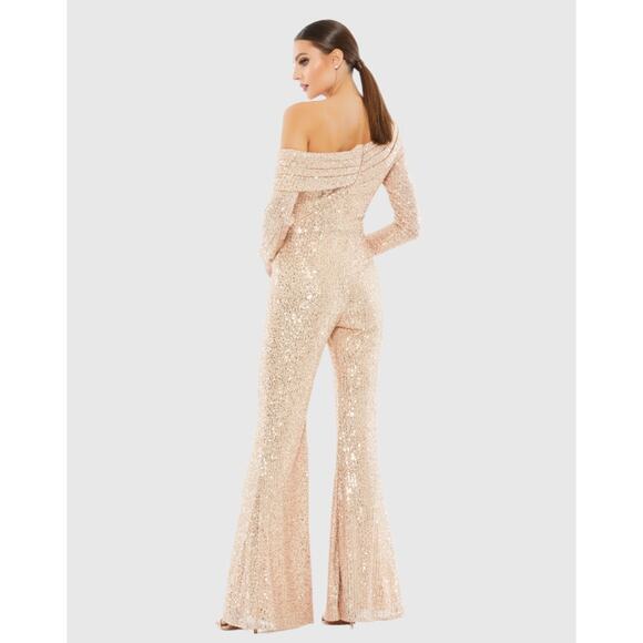 NWT Mac Duggal Sz 0 Rose Gold Sequined Drop Shoulder Long Sleeve Jumpsuit - Picture 2 of 6